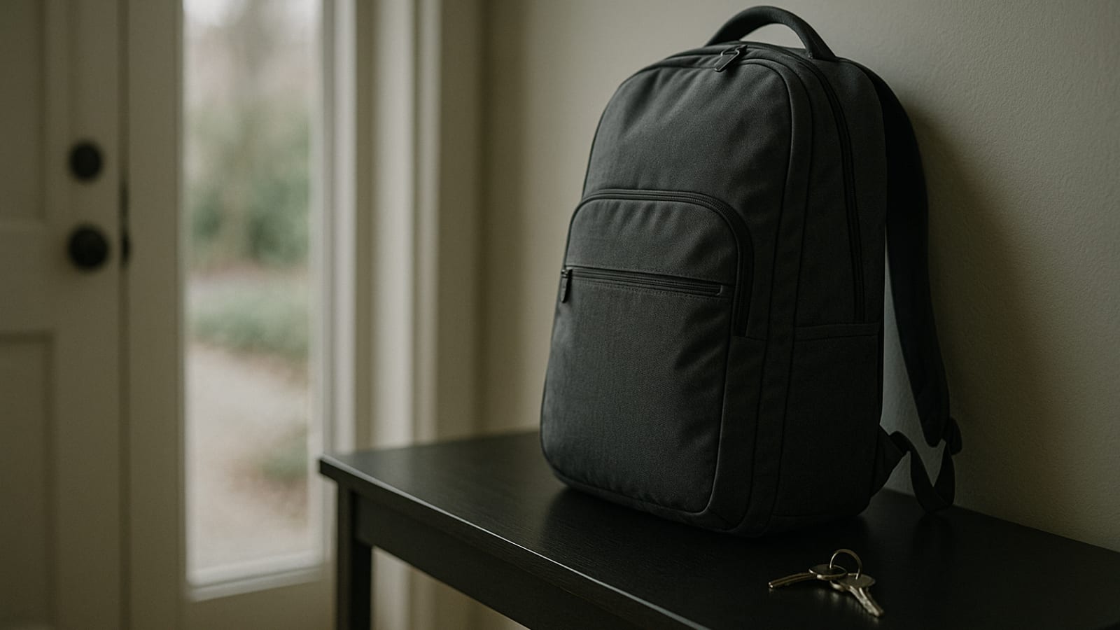 Laptop backpack and house keys on a hallway console
