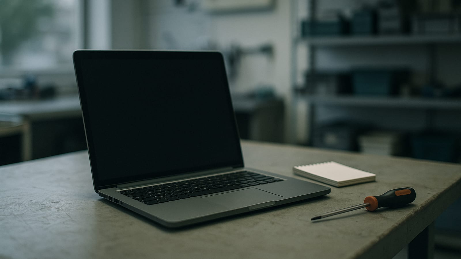 Laptop on a workbench with a notepad