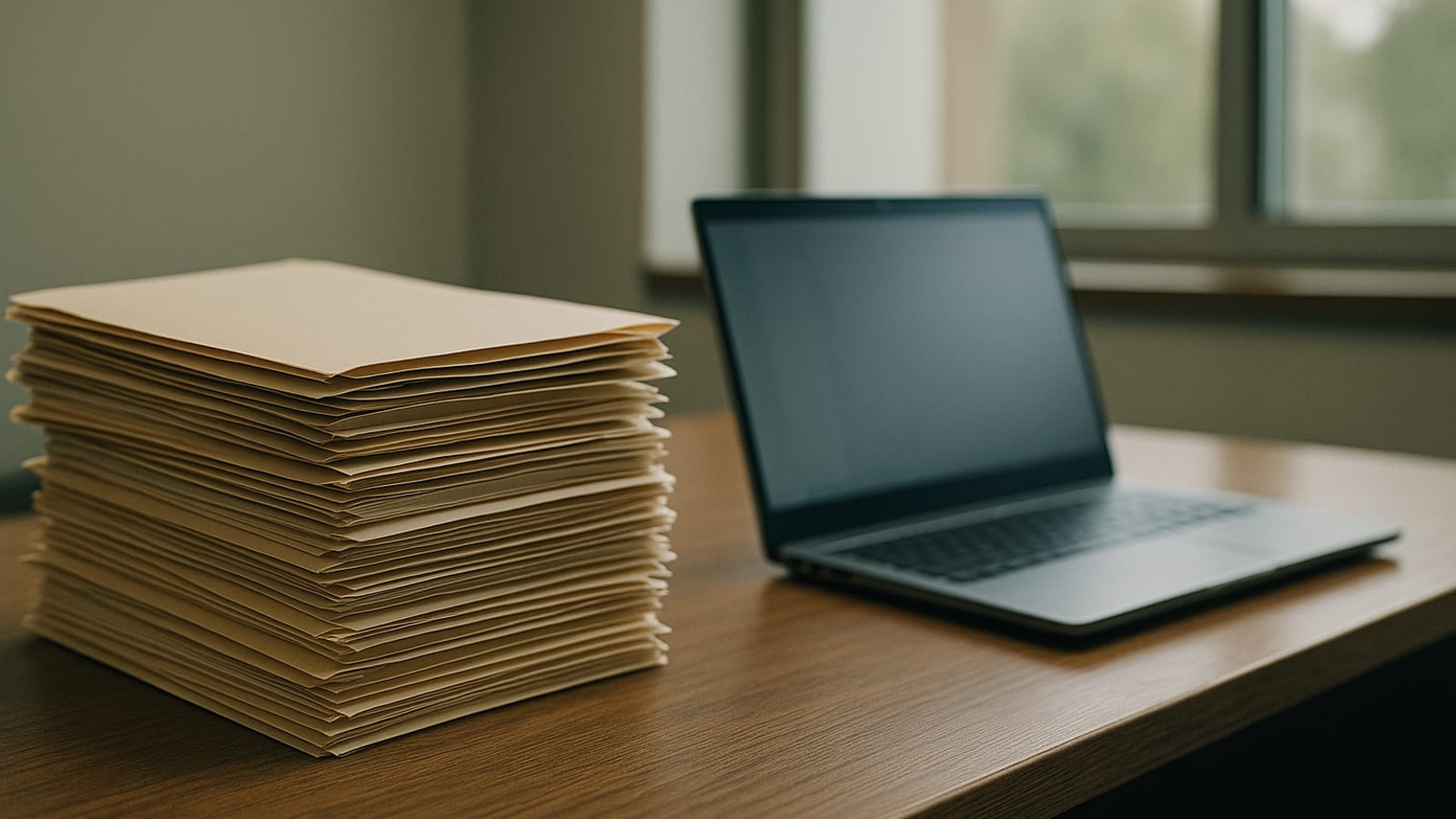Manila folders beside an open laptop on a desk