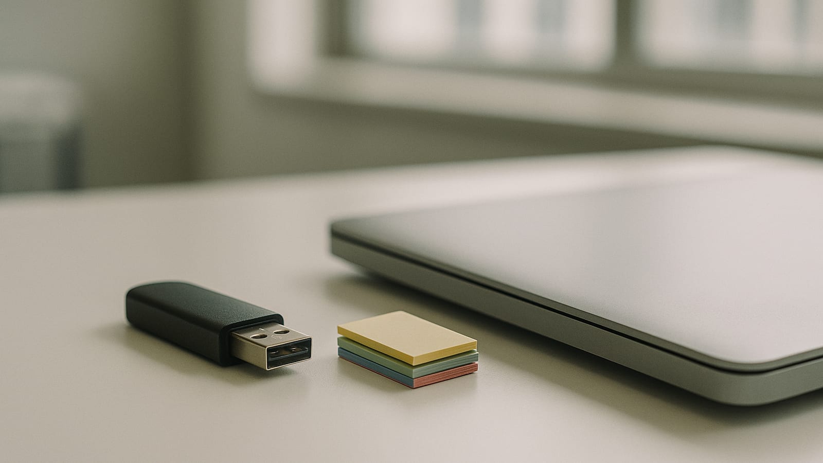 USB flash drive and colored file tabs beside a closed laptop